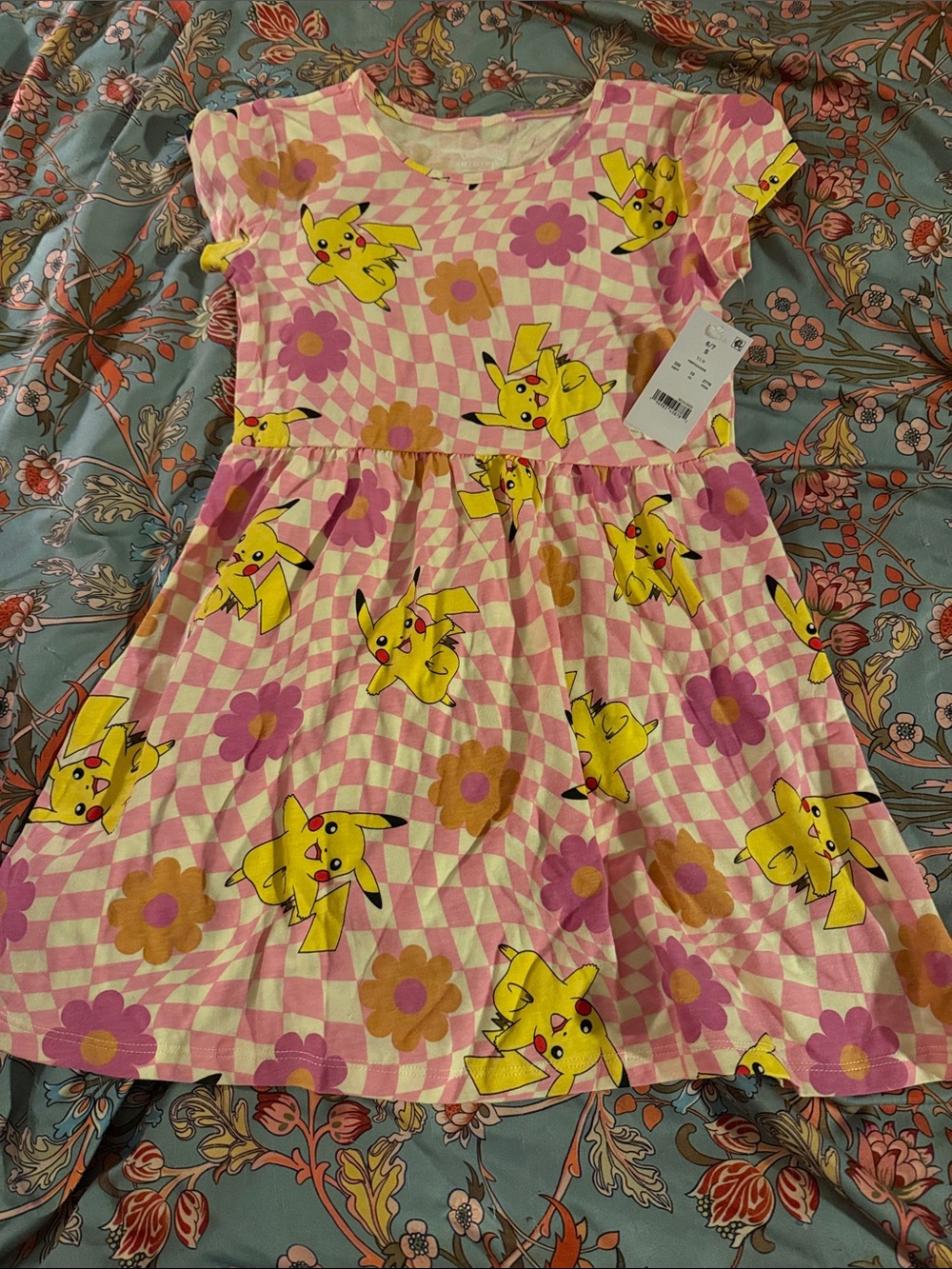 Pokemon Yellow Pikachu Pink Floral Check Kids Dress